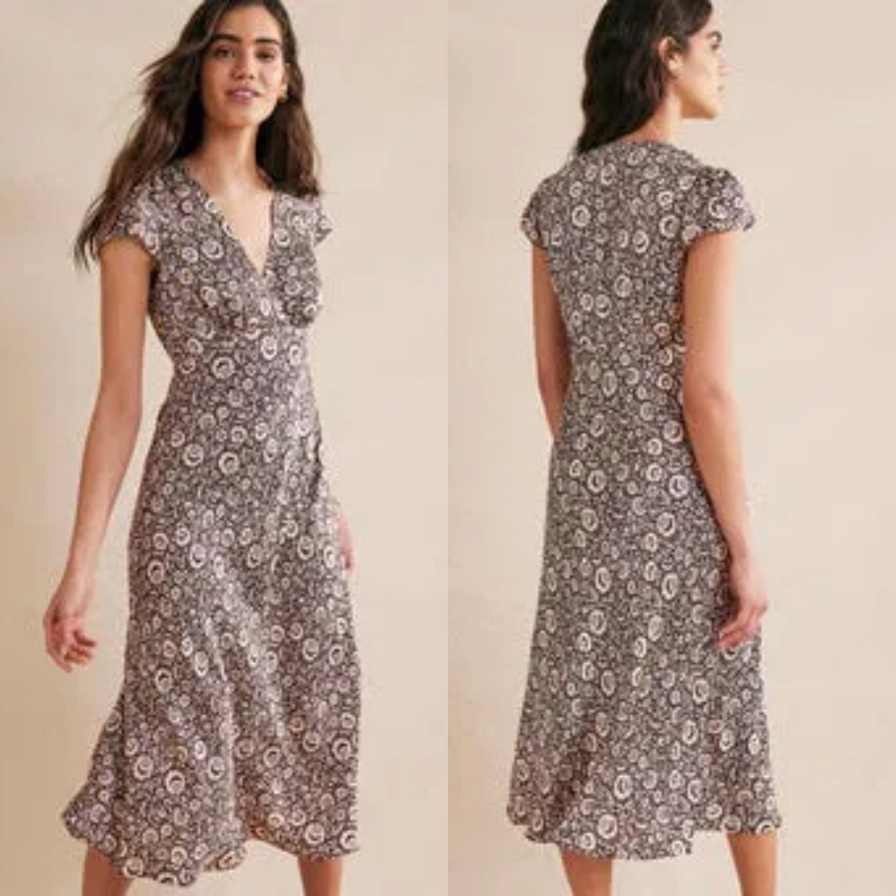 BODEN Satin Empire Midi Tea Dress In Dark Burgundy Bloom 6R.